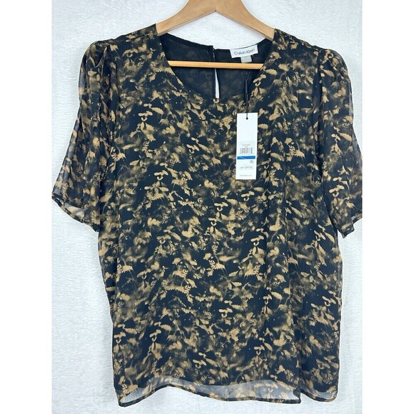 Calvin‎ Klein NWT Women's Blouse Black Gold Abstract Top Short Sleeves Career XL - Picture 1 of 9